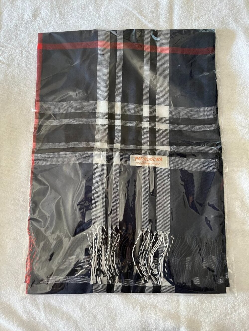 Pashmina, 70% Pashmina, 30% Silk, Navy, White & Red Plaid - NEW